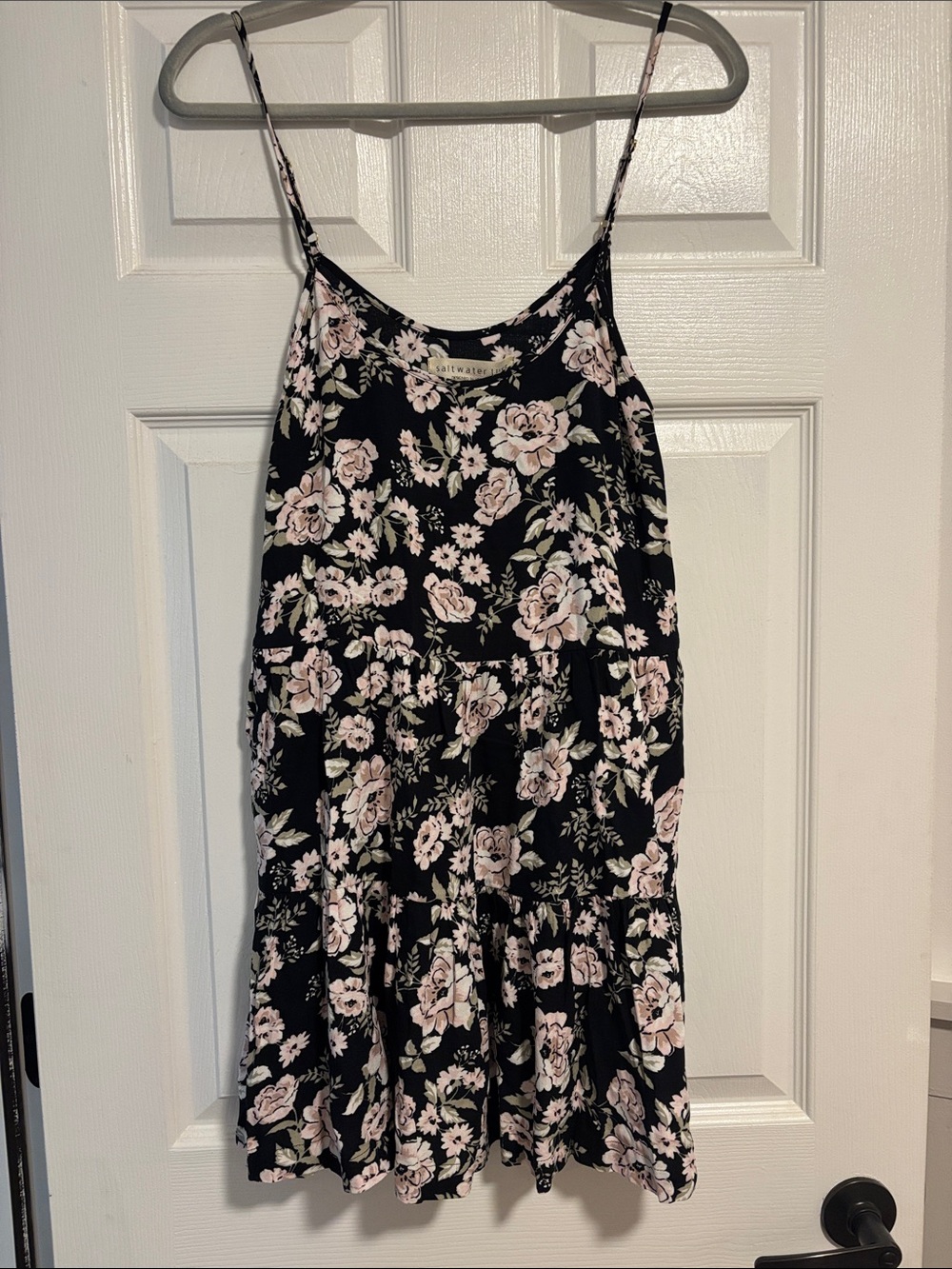 Saltwater luxe Black Floral Spaghetti Strap Dress with Pink Roses
